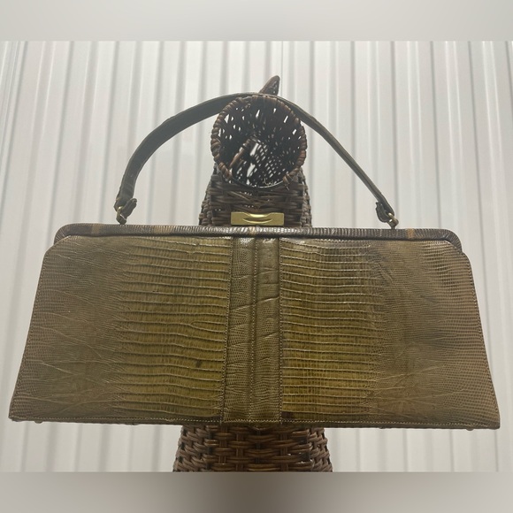 Vintage 1960s Palizzio New York Reptile Brown Rectangle Frame Closure Handbag - Picture 7 of 17